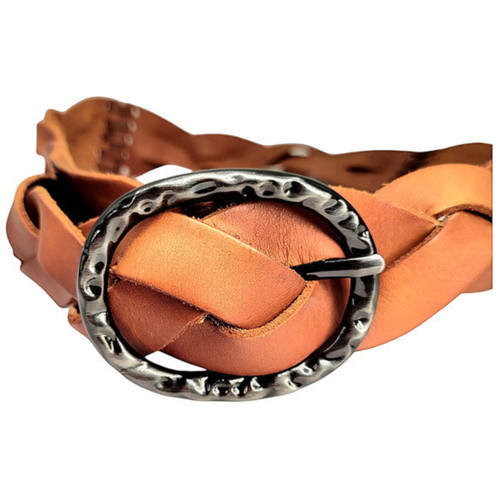Vintage Bohemian Brown‎ Braided Leather Black Metal Buckle Belt